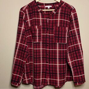 Notations Blouse Shirt Womens 2X Red Black Striped Roll Tab Sleeve Chest Pockets